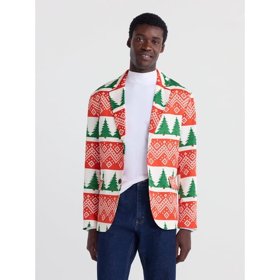 Jolly Knits Men's Christmas Holiday Print Suit Jacket Blazer, Sizes XS-3XL