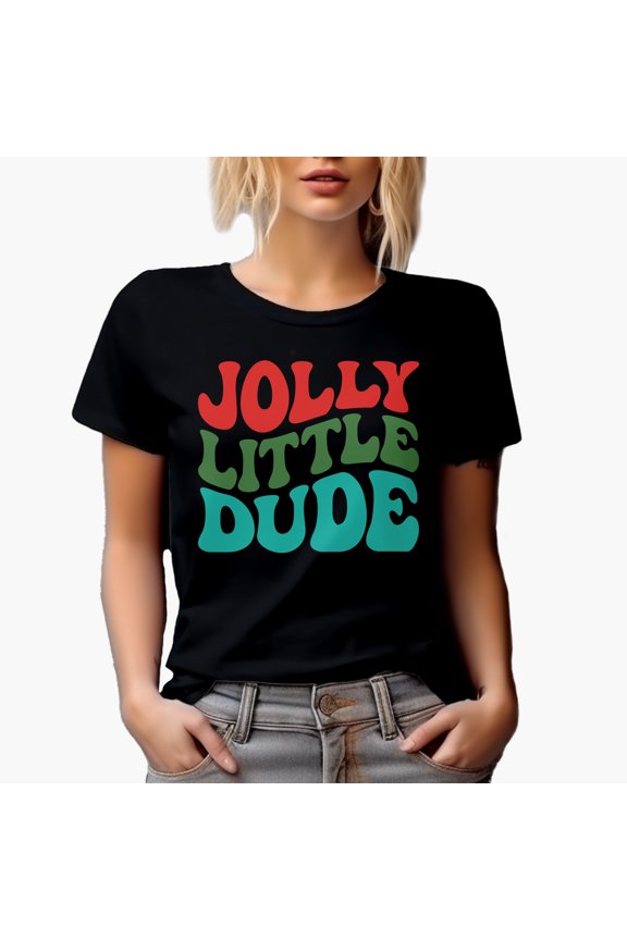 Jolly Little Dude, Christmas or Winter Season Themed, Groovy Retro Wavy Text Merch Gift, Black T-Shirt, Medium