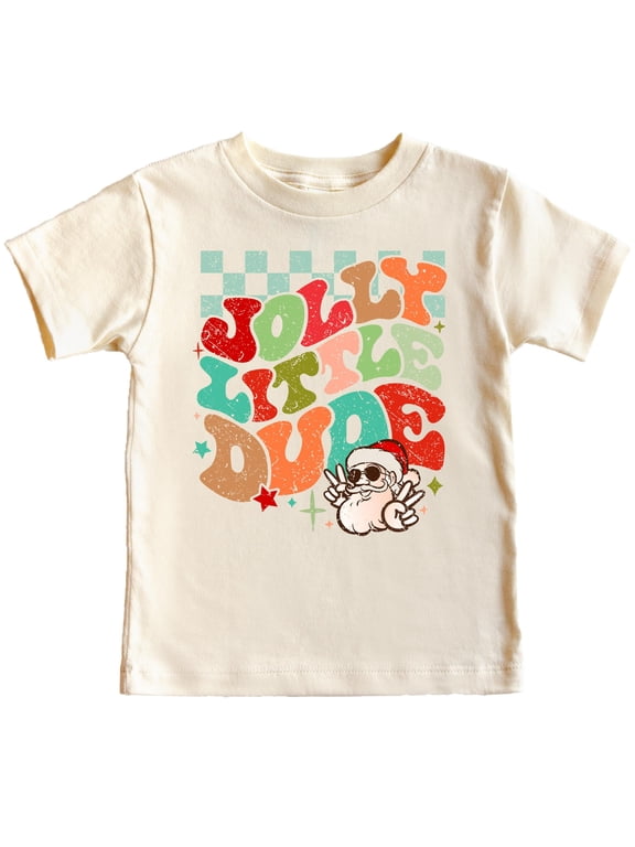 Jolly Little Dude Groovy Fun Christmas Holiday Shirt for Baby and Toddler Youth Boys Natural Shirt 18 Months
