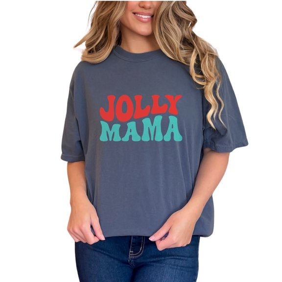 Jolly Mama, Christmas or Winter Season Themed, Groovy Retro Wavy Text, Denim Comfort Colors T-Shirt, Small