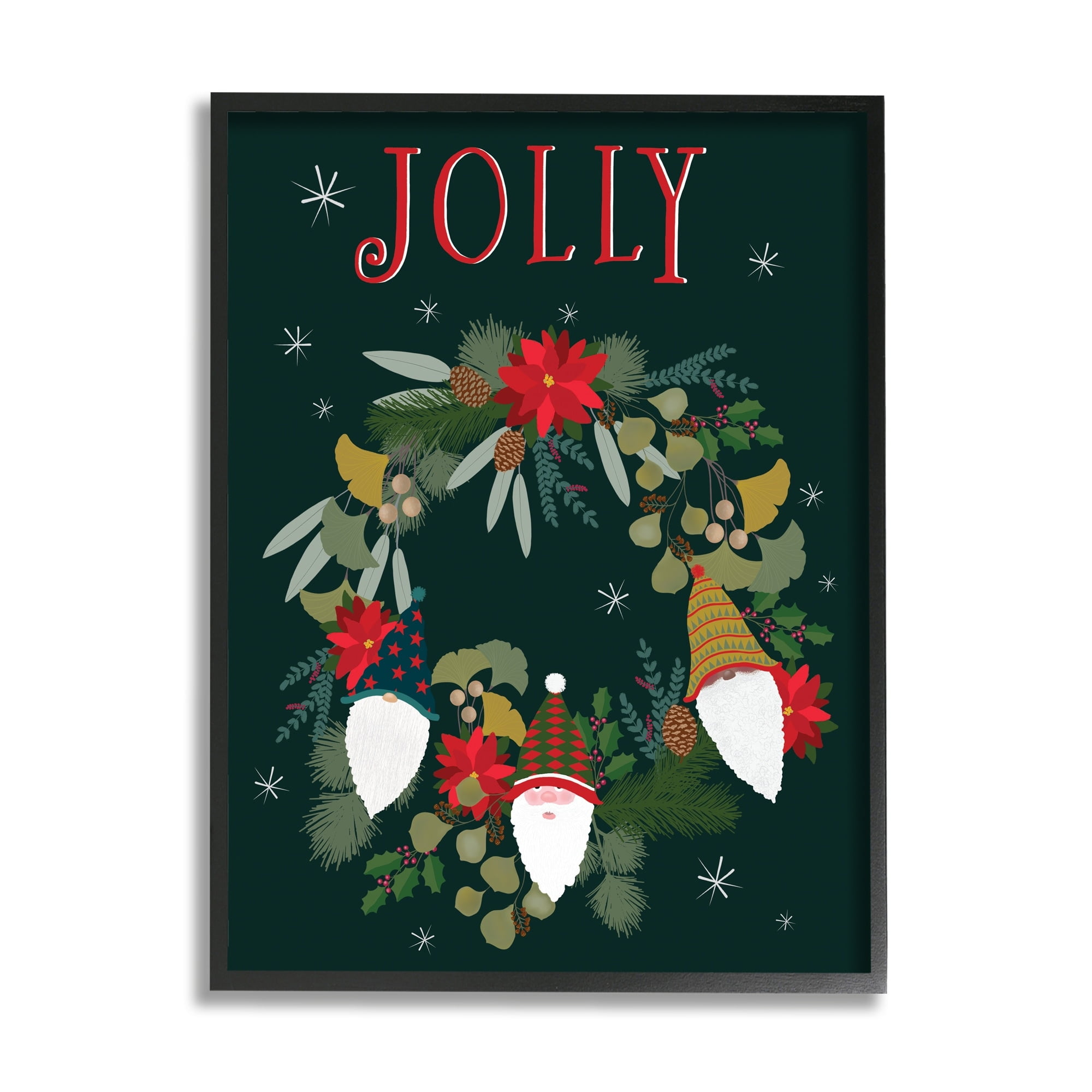 Jolly & Merry Christmas Gnomes Floral Poinsettia Wreath Botanical & Floral Graphic Art Framed Art Print Wall Art