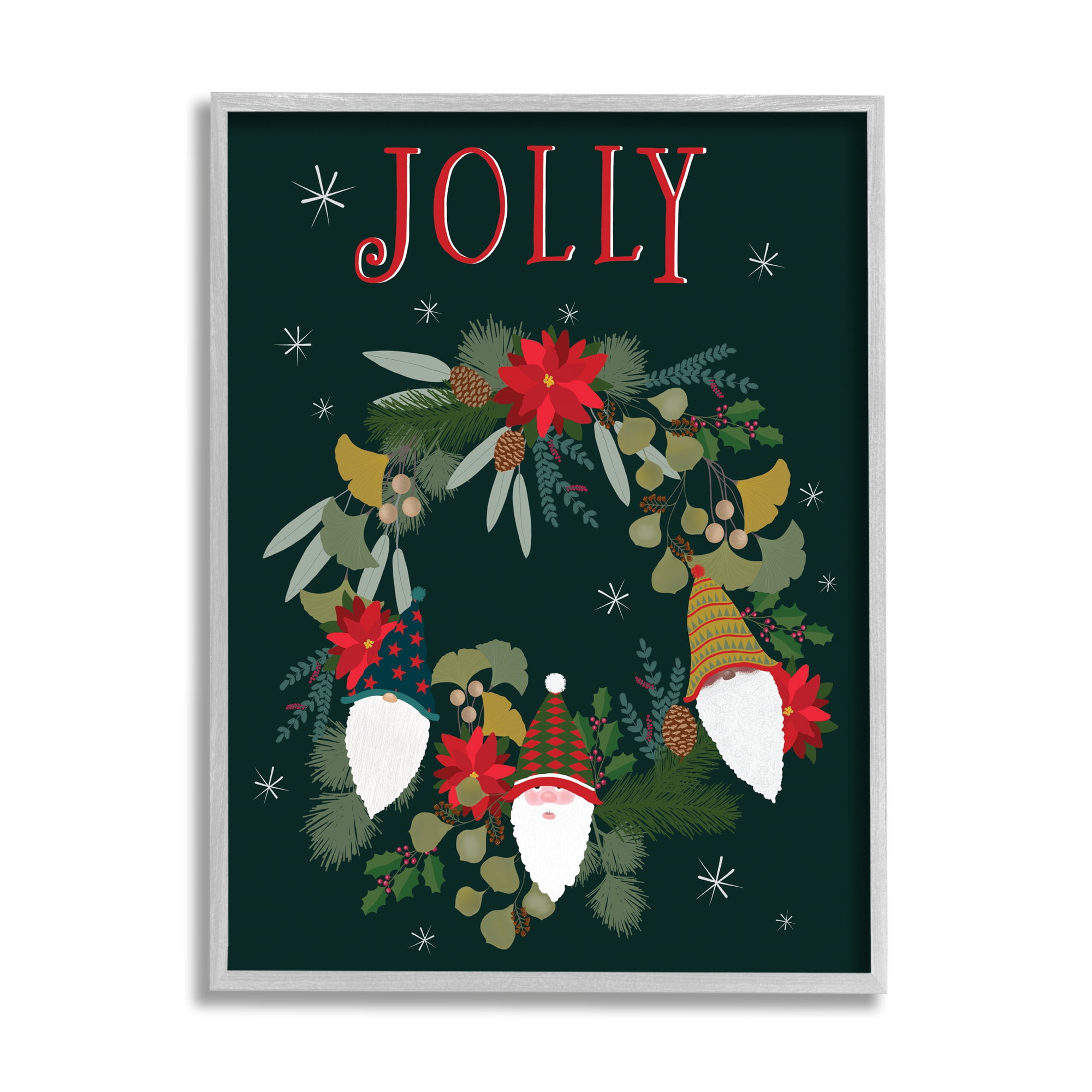 Jolly & Merry Christmas Gnomes Floral Poinsettia Wreath Botanical & Floral Graphic Art Framed Art Print Wall Art