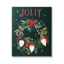 Jolly & Merry Christmas Gnomes Floral Poinsettia Wreath Botanical & Floral Graphic Art Gallery-Wrapped Canvas Print Wall Art