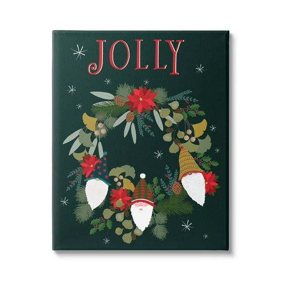 Jolly & Merry Christmas Gnomes Floral Poinsettia Wreath Botanical & Floral Graphic Art Gallery-Wrapped Canvas Print Wall Art