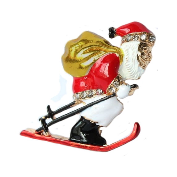 Jolly Old Santa Claus Brooch on Snow Skis Hand-Painted With Crystals Stones MAX-012