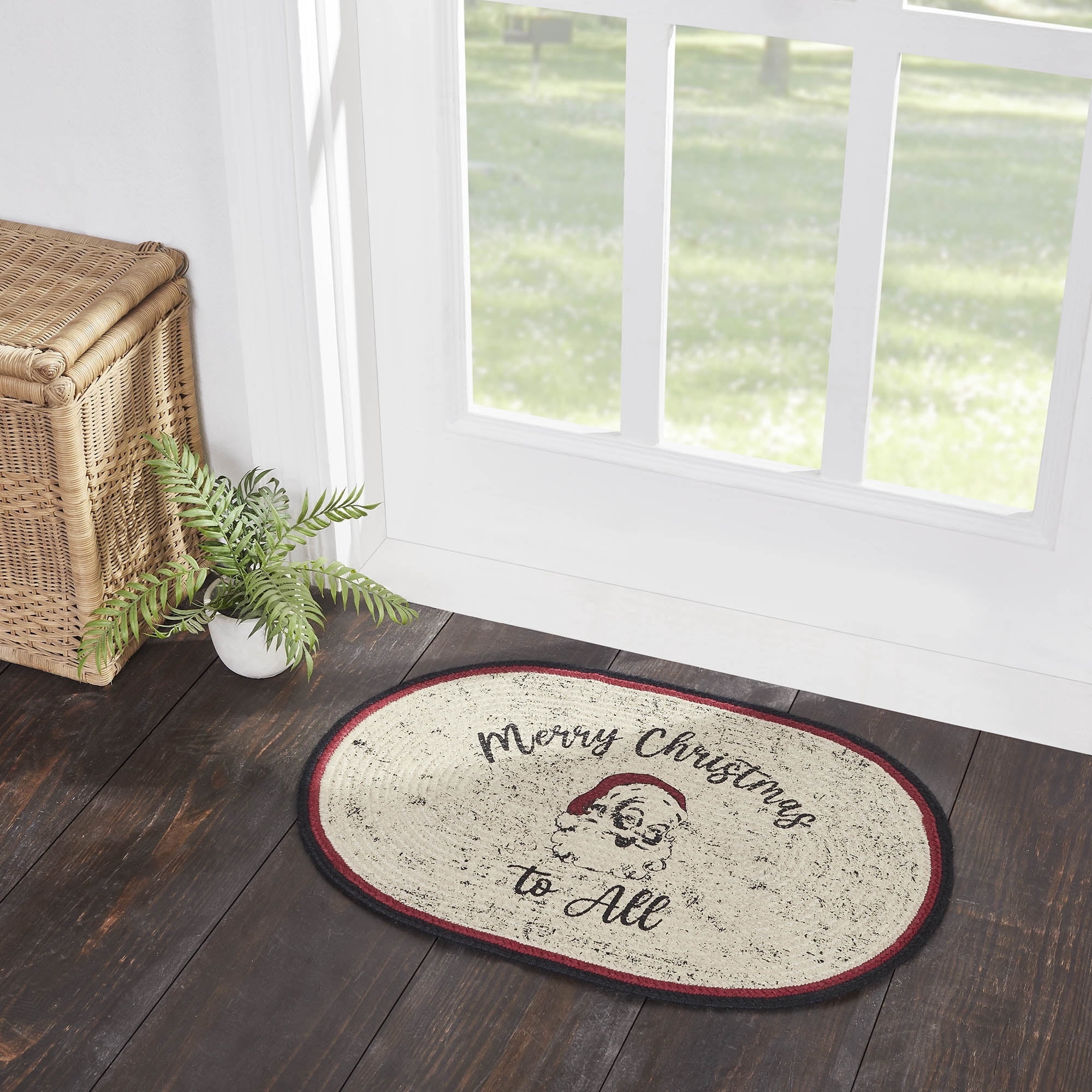 VHC Brands Jolly Ole Santa Farmhouse 20"x30" Merry Christmas to All Accent Rug Red Stenciled Textured Jute Graphic/Print Oval Holiday Decor