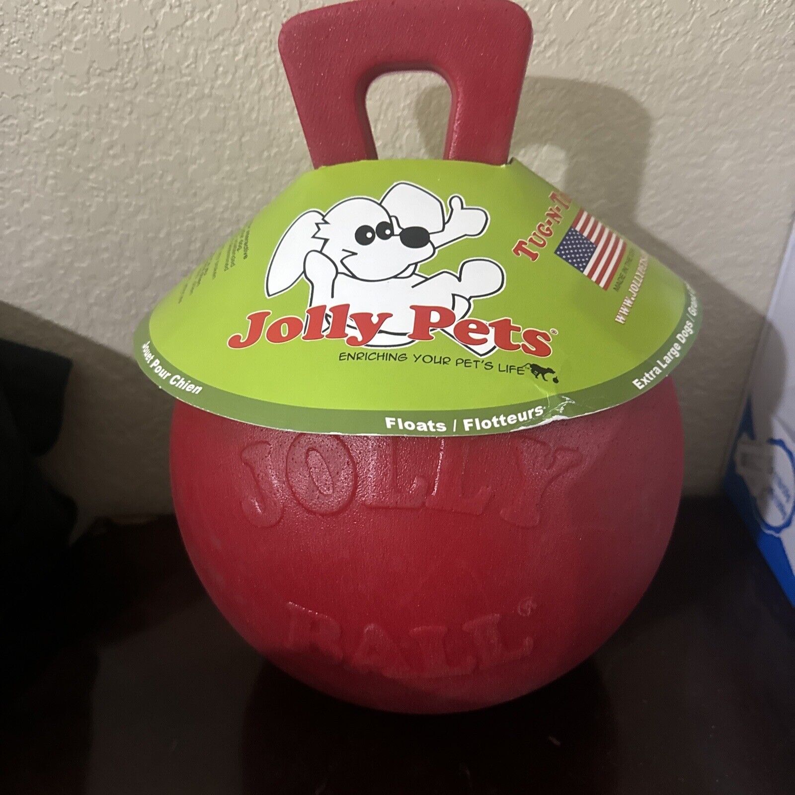 Jolly Pets TugNToss 10 inch Red Rubber Ball with Handle Chew Toy for Dogs