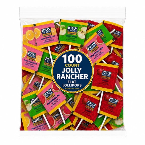 Jolly Rancher Flat Lollipops (Suckers)  100 Count Bulk Pack  Watermelon, Pink Lemonade, Green Apple, Cherry  Individually Wrapped Candy for Events and Parties
