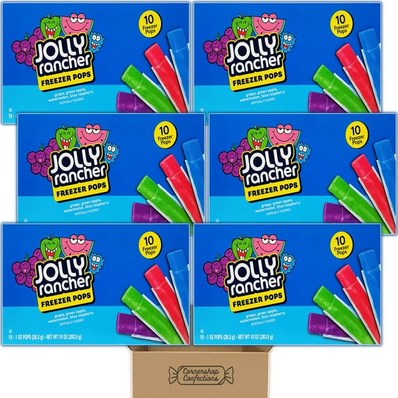 Jolly Rancher Freezer Pops 60 Count Assorted Variety Pack - 6 Boxes of 10 Pops Each - Grape, Green Apple, Watermelon and Blue Raspberry - Summer, 4th of July, Sports in Cornershop Confections Pack