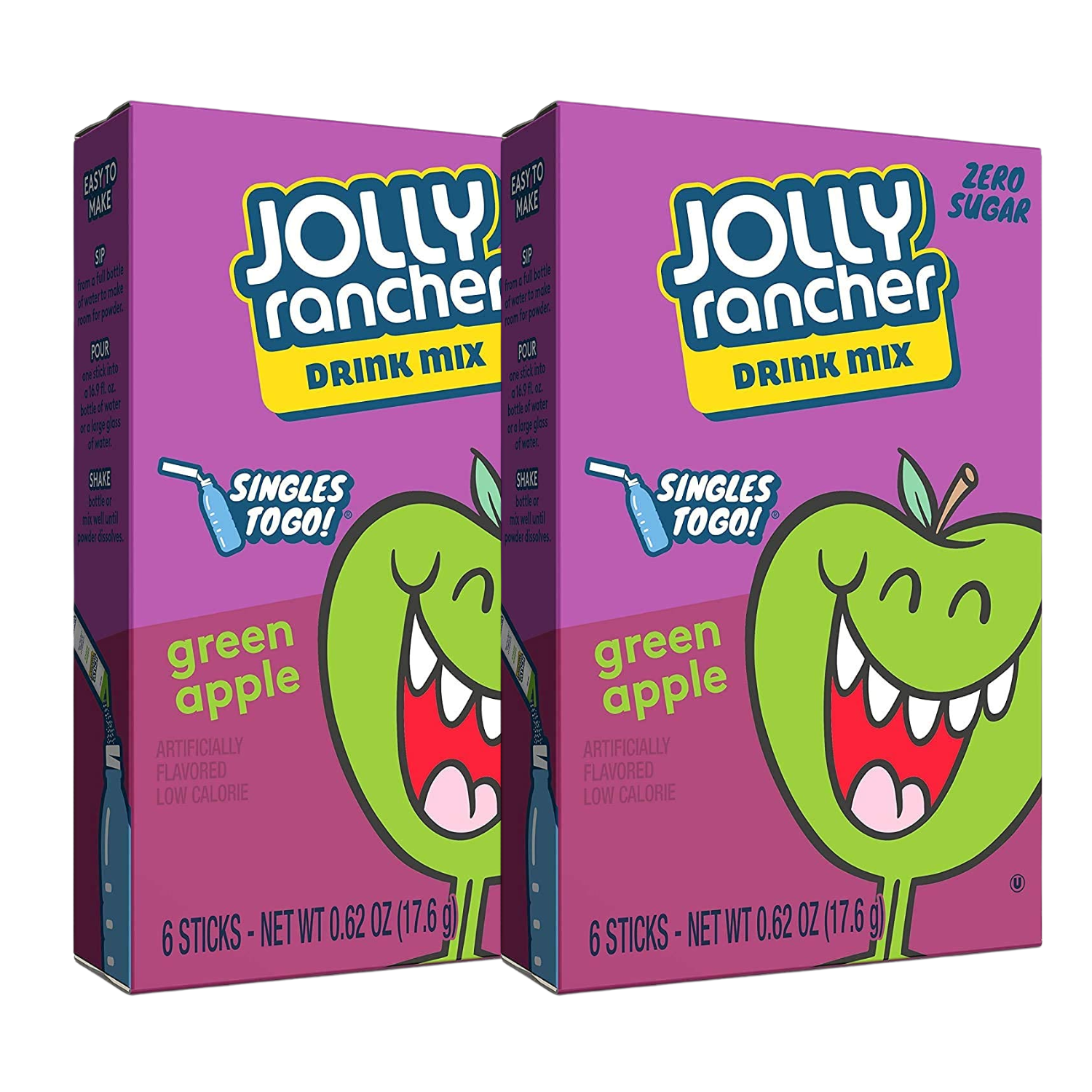 Jolly Rancher Green Apple Singles To Go Powder Drink Mix Zero Calories Caffeine and Artificially Flavored Water Enhancer, 2 Boxes - 6 Sachet per Box - 12 Total Servings