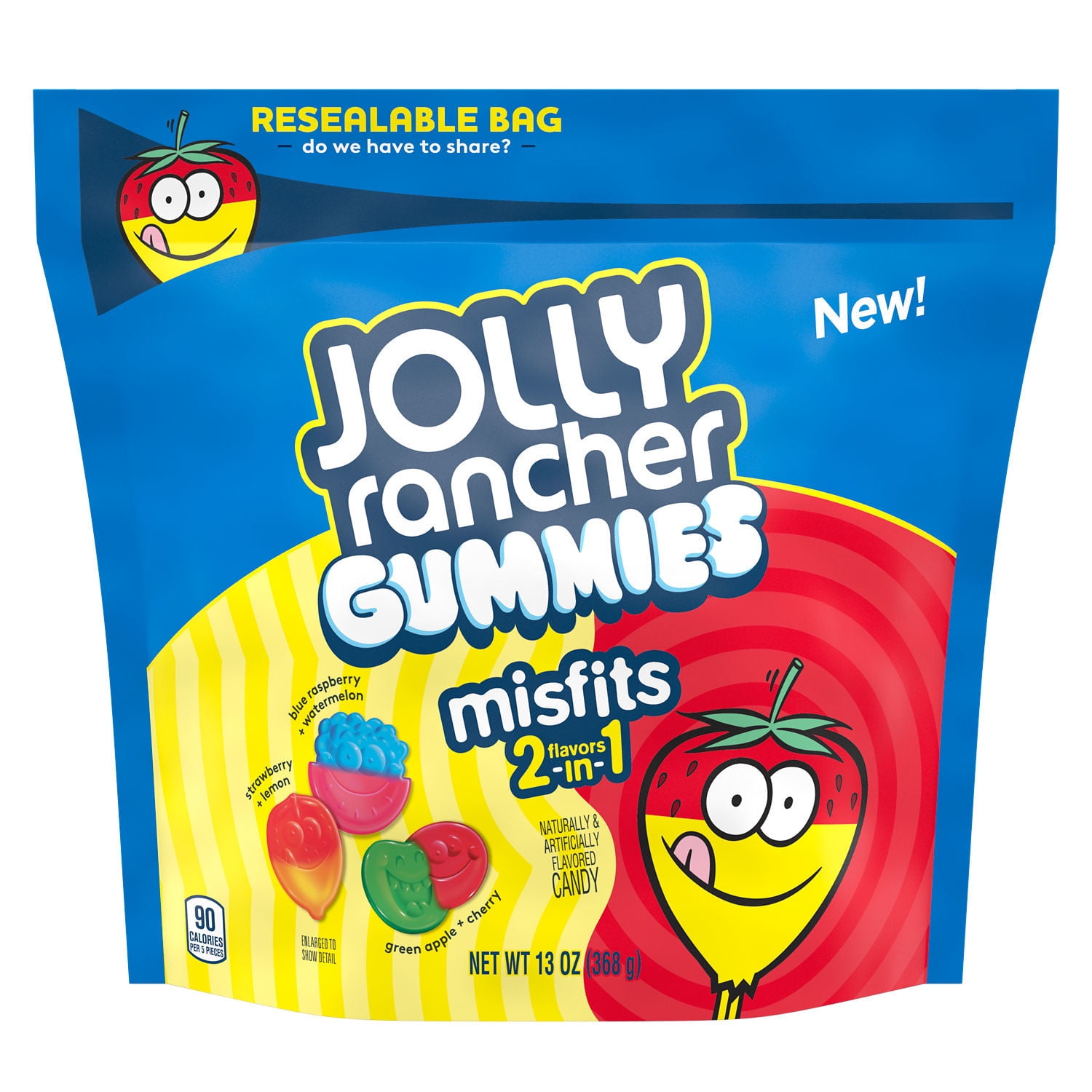 Jolly Rancher Misfits Gummies 2-in-1 Assorted Fruit Flavors Candy, Resealable Bag 13 oz