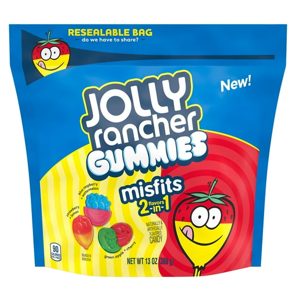 Jolly Rancher Misfits Gummies 2-in-1 Assorted Fruit Flavors Candy, Resealable Bag 13 oz