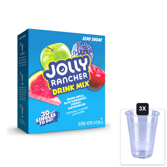Jolly Rancher Singles To Go Variety Pack, Zero Sugar, Includes 4 Flavors: Green Apple, Blue Raspberry, Cherry, Watermelon, 1 Box (30 Single) & 3x 16oz Plastic Cup with Strawless Sip-Lid