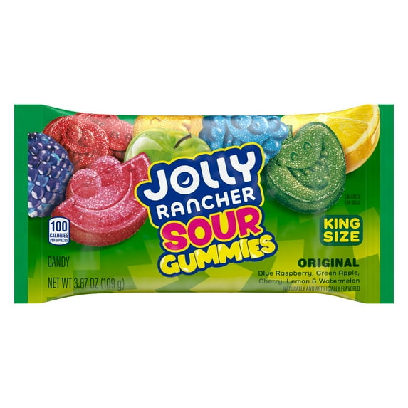 Jolly Rancher Sour Gummies Assorted Fruit Flavored King Size Candy, Bag 3.87 oz (Pack of 4)