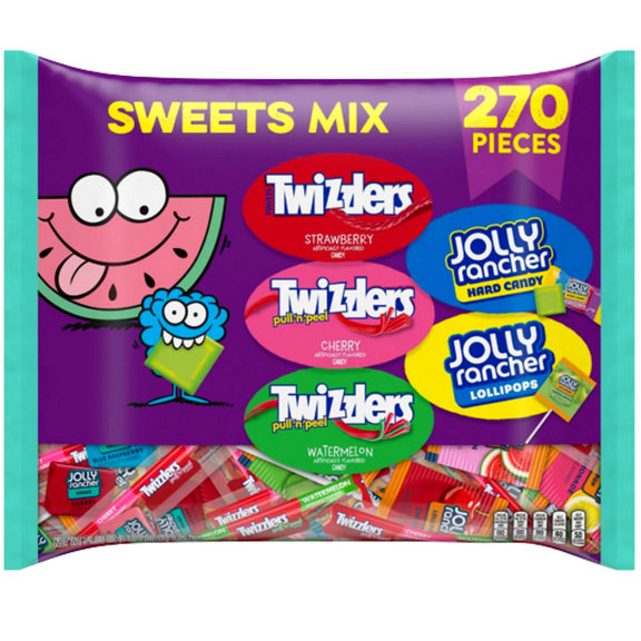 Jolly Rancher and Twizzlers Hard Candies Lollipop Twists and Pull n Peel Assorted Fruit Flavored Candy Bag Snack Party Favors Treat Stocking Stuffer Gift on Birthday Halloween, 270 Counts - Pack of 1