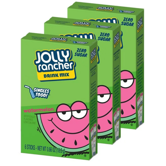 Jolly Rancher Watermelon Drink Mix Singles-To-Go Sugar Free, 6 Count Ea. Box 0.66 oz.,(3 Pack)