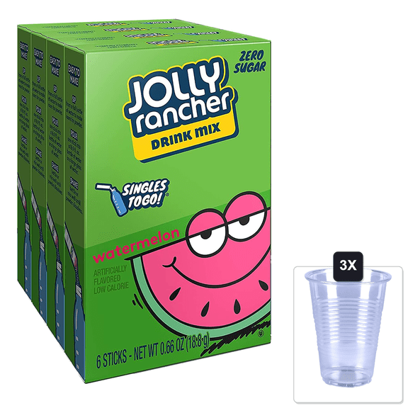 Jolly Rancher Watermelon Singles To Go (4 Boxes Of 6 Packets Each Box) & 3x 16oz Plastic Cup with Strawless Sip-Lid