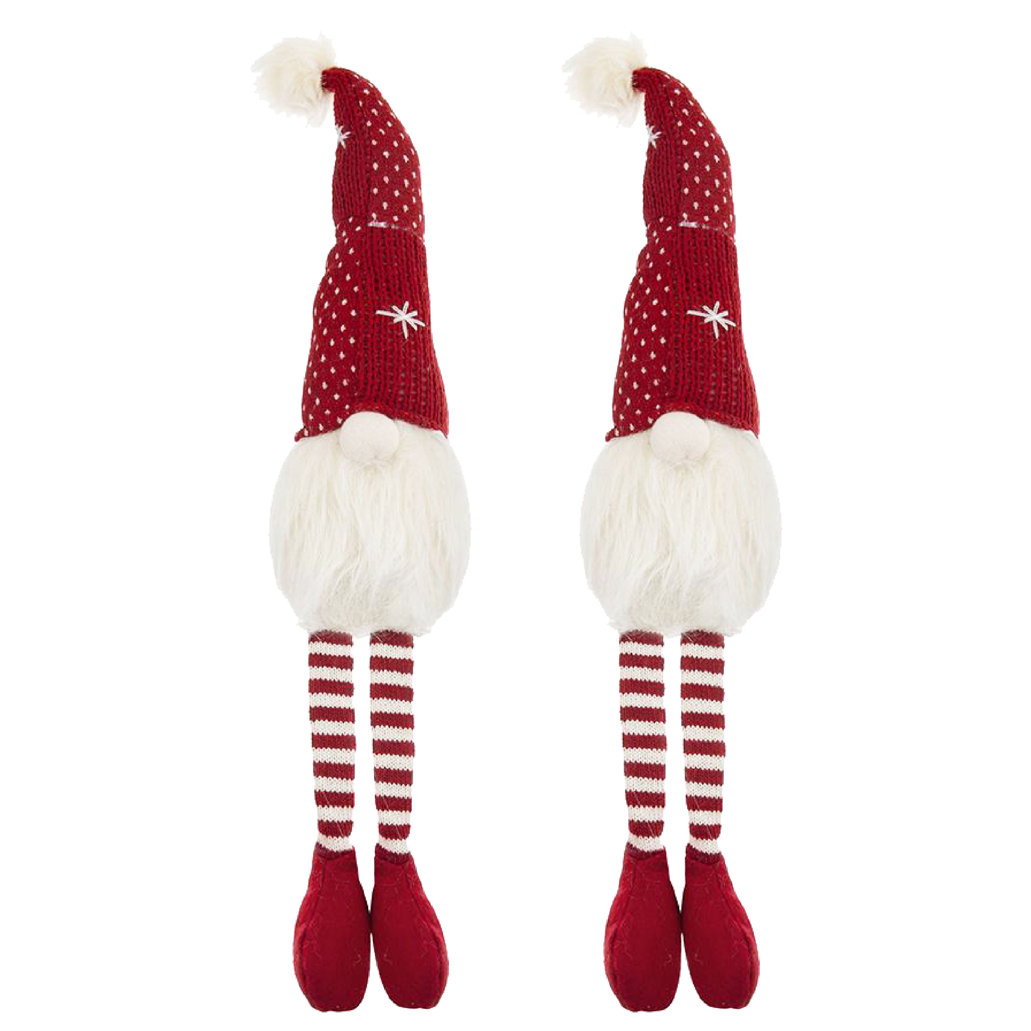 Jolly Red and White Striped Gnome Figurine Set Fluffy White Beard Long Legs Tabletop Mantel Dining Room Decoration