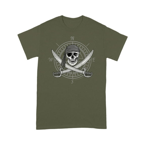 Jolly Roger Compass Pirate Skull and Cutlasses Distressed T-Shirt