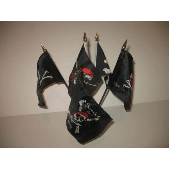 Jolly Roger Pirate 5 Flag Set 5 Flags 4"x6" Desk Set Table Stick Gold Base