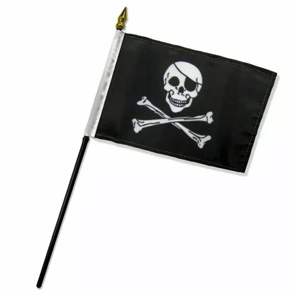 Jolly Roger Pirate Eye Patch Flag 4"x6" Desk Table Stick with Black Base.