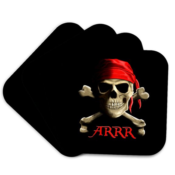 3drose, Jolly Roger Pirate Skull and Crossbones Saying Arrr, Set of 4 Coasters - Soft