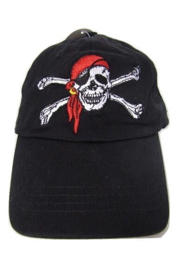 Jolly Roger Pirate Skull Cross Bones Red Hat Booty Hunter Black hat cap