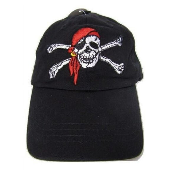 Jolly Roger Pirate Skull Cross Bones Red Hat Booty Hunter Black hat cap