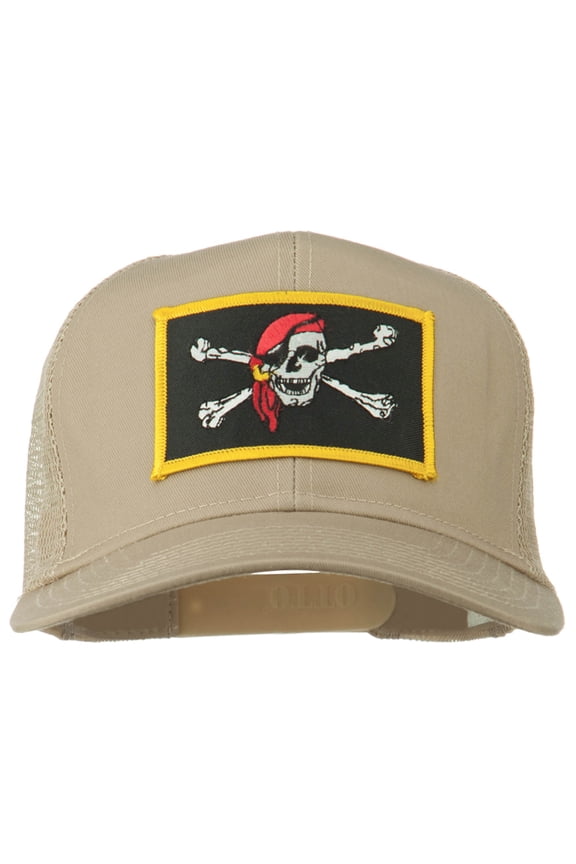 Jolly Roger Scarf Skull Patched Mesh Cap - Khaki OSFM