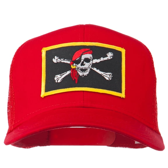 Jolly Roger Scarf Skull Patched Mesh Cap - Red OSFM