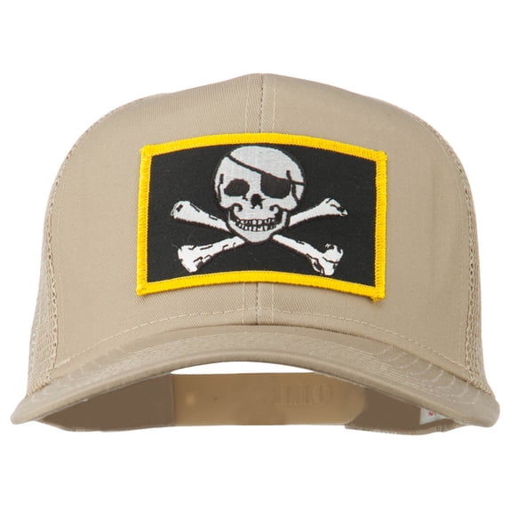 Jolly Roger Skull Patched Mesh Cap - Khaki OSFM