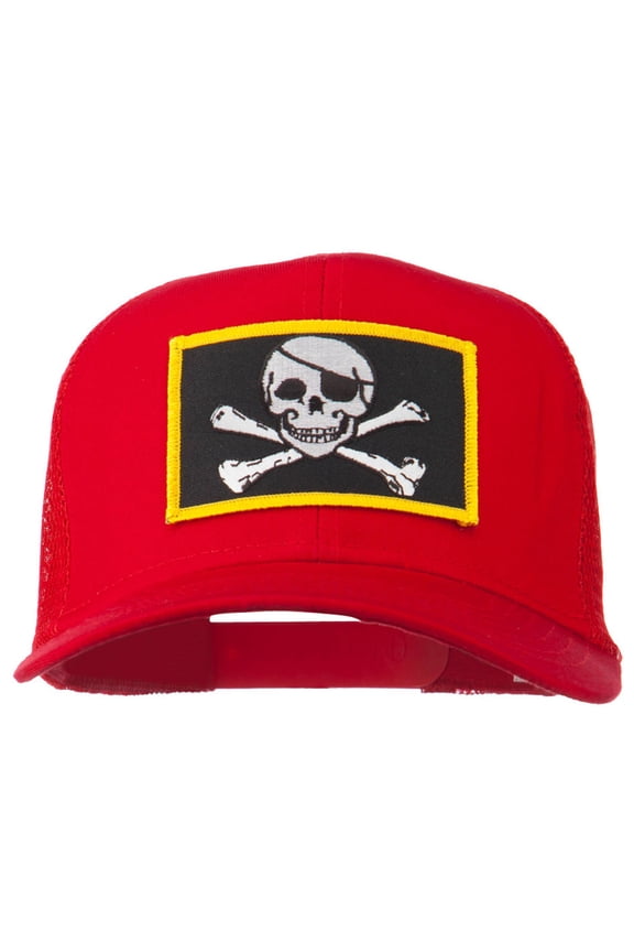 Jolly Roger Skull Patched Mesh Cap - Red OSFM