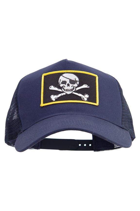 Jolly Roger Skull Patched New Big Size Trucker Mesh Cap - Navy XL-3XL