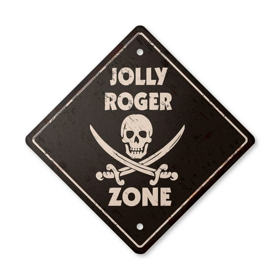 Jolly Roger Vintage Crossing Sign Zone Xing | Indoor/Outdoor Plastic | 17" Tall rustic pirate flag ship cannon ball black beard