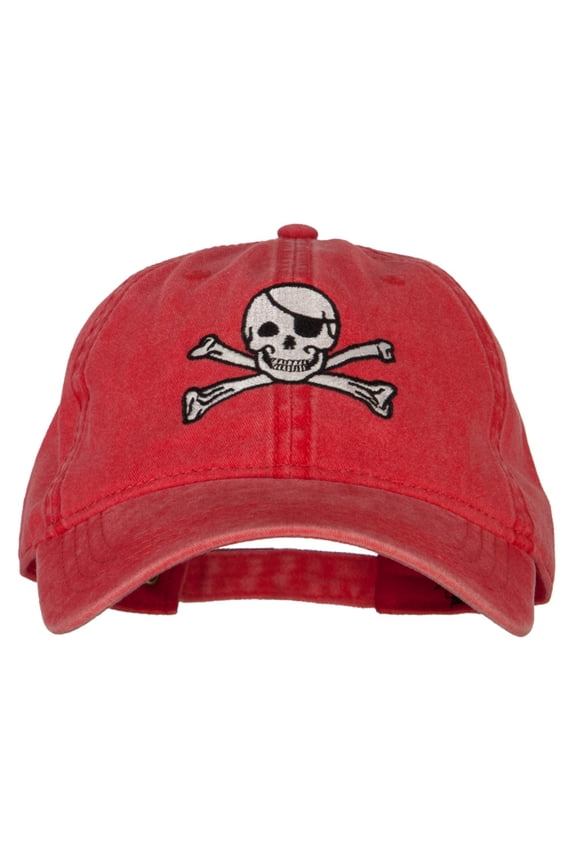 Jolly Rogers Skull Embroidered Washed Cotton Twill Cap - Red OSFM