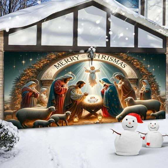 Jolly Snowman Banner Large Outdoor Holiday Welcome Sign Merry Christmas Greeting Hanging Fabric Decoration For Garage Door Background