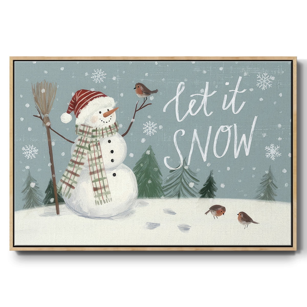 Jolly Snowman Collection A - Framed Gallery Wrapped Holiday Canvas - 27 x 41 - Natural Wood Frame