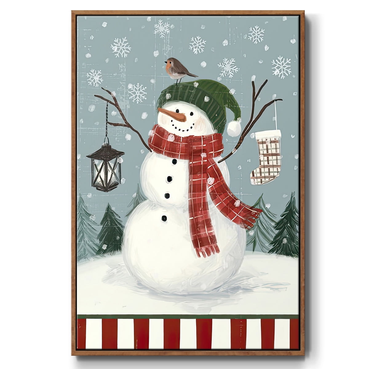 Jolly Snowman Collection B - Framed Gallery Wrapped Holiday Canvas - 17 x 25 - Rosewood Frame