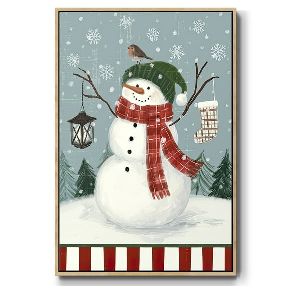Jolly Snowman Collection B - Framed Gallery Wrapped Holiday Canvas - 25 x 37 - Natural Wood Frame