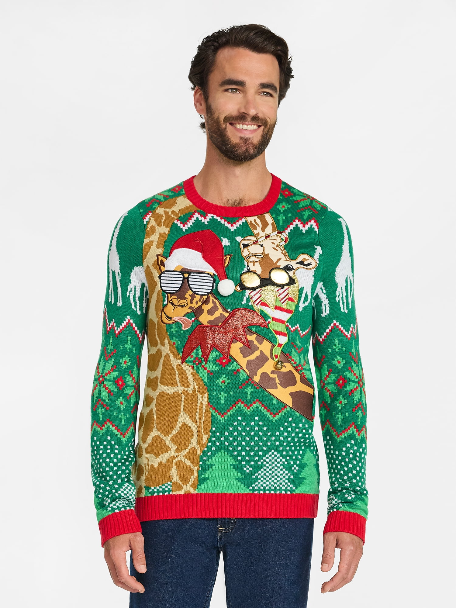 Jolly Sweaters Men's and Big Men's Two Giraffes Holiday Ugly Christmas Sweater, Sizes S- 3XL