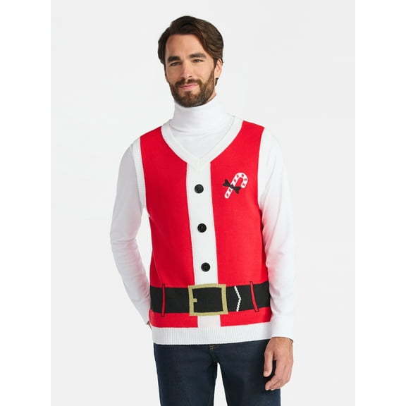 Jollidays Men's V Neck Santa Holiday Sweater Vest, Sizes S-3XL