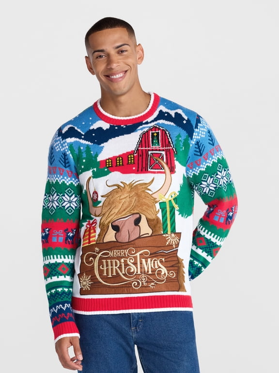 Embellished Highland Cow Ugly Christmas Sweater, Sizes XS-4XLT