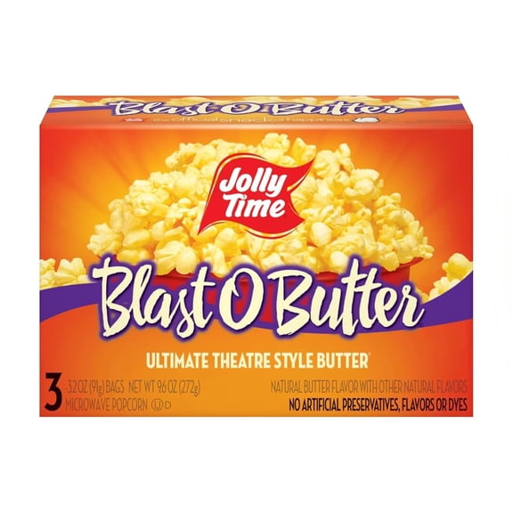 Jolly Time Blast O Butter, Ultimate Movie Theater Butter Microwave Popcorn, 3.2oz Sharing Bag, 3 Bags Per Carton ( PACK OF 2 )