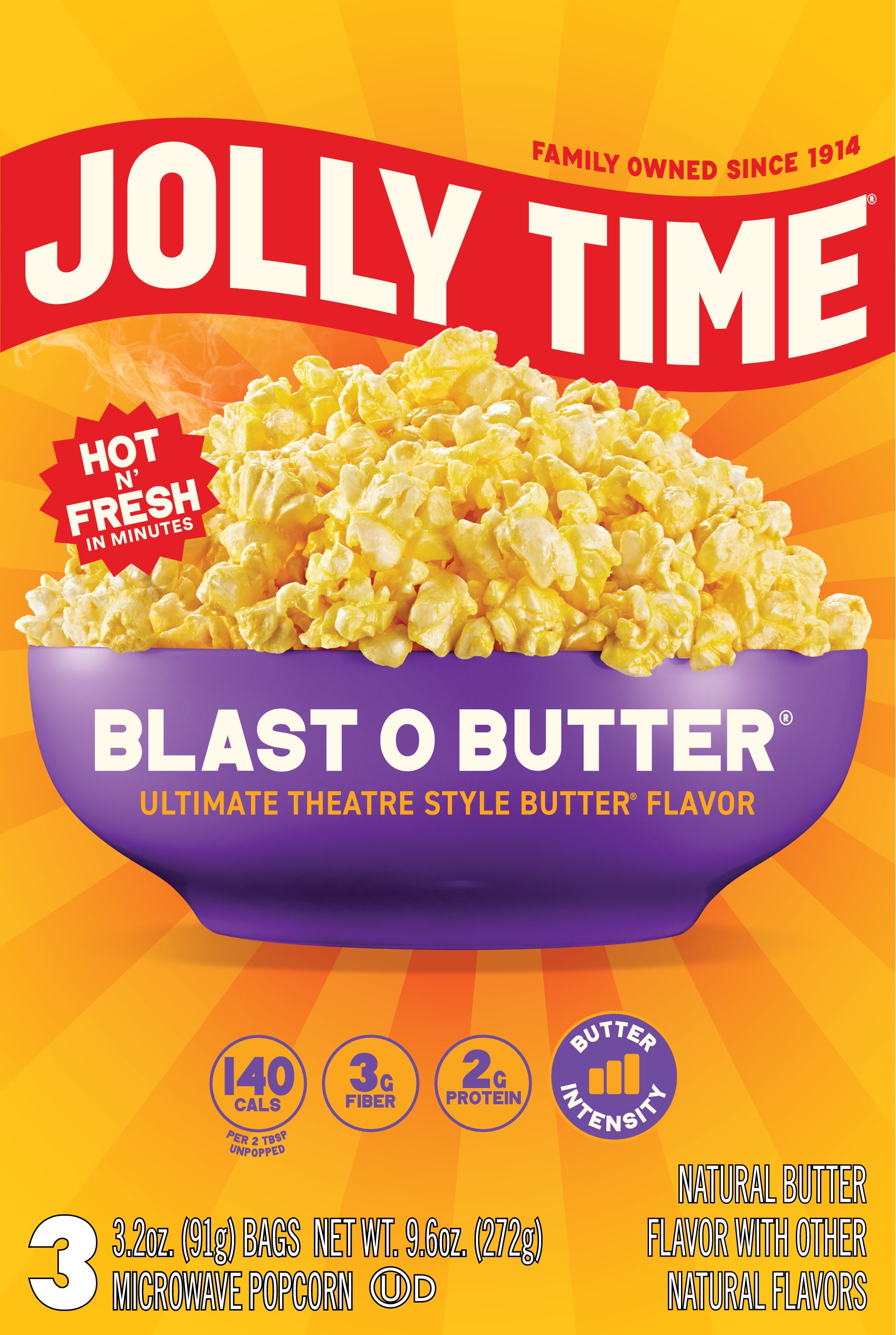 Jolly Time Blast O Butter Ultimate Theatre Style Butter Microwave Popcorn 9.6 oz, 3 Ct.  Gluten-Free