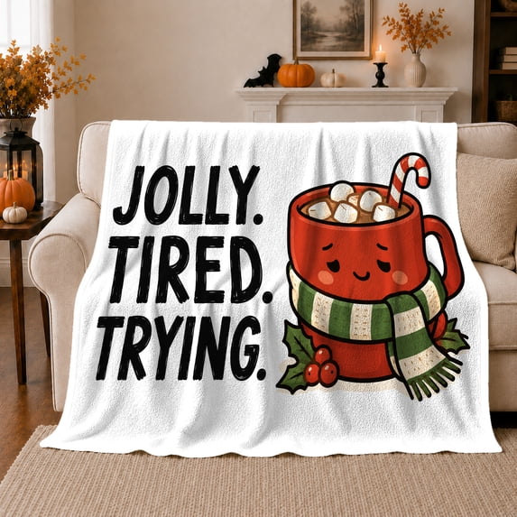 Jolly Tired Trying Red Mug with Scarf, Whimsical Cartoon Style for Cocoa Lovers, White Cozy Holiday Scene and Christmas Gift, Cozy Flannel Blanket for Living Room and Guest Room, Home Decor