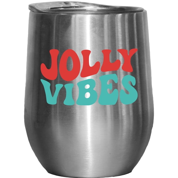 Jolly Vibes, Christmas, Groovy Retro Wavy Text Merch Gift, Stainless Steel 12oz Wine Tumbler