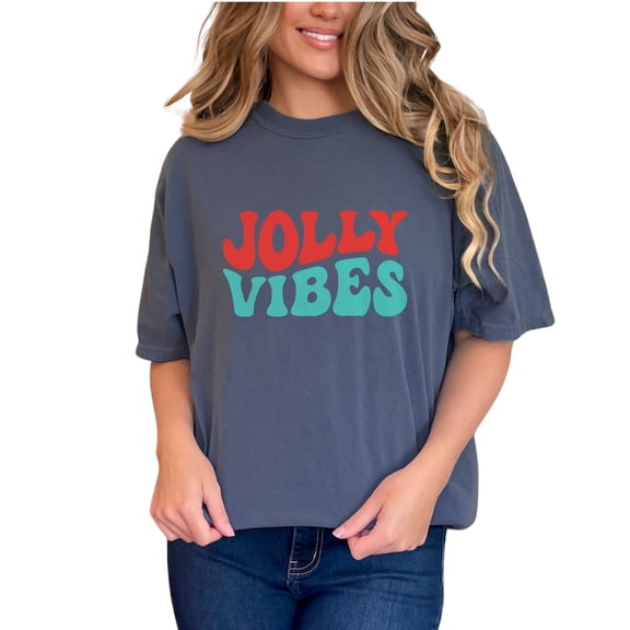 Jolly Vibes, Christmas or Winter Season Themed, Groovy Retro Wavy Text, Denim Comfort Colors T-Shirt, Small