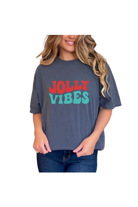 Jolly Vibes, Christmas or Winter Season Themed, Groovy Retro Wavy Text, Denim Comfort Colors T-Shirt, Small