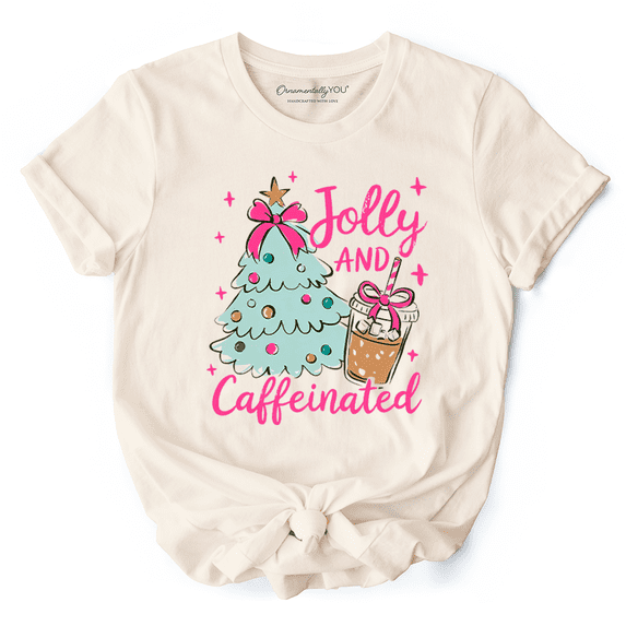 Jolly and Caffeinated Christmas Tree T-Shirt, Retro Coquette Coffee Holiday Tee