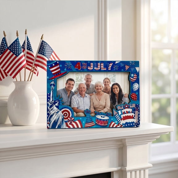 JollyMart 4th of July Wooden Photo Frame 4x6 Inch Red White Blue Patriotic Tabletop Display with Star & Flag Pattern for Independence Day Party Home Mantel Decor,Fits Standard Photo Size